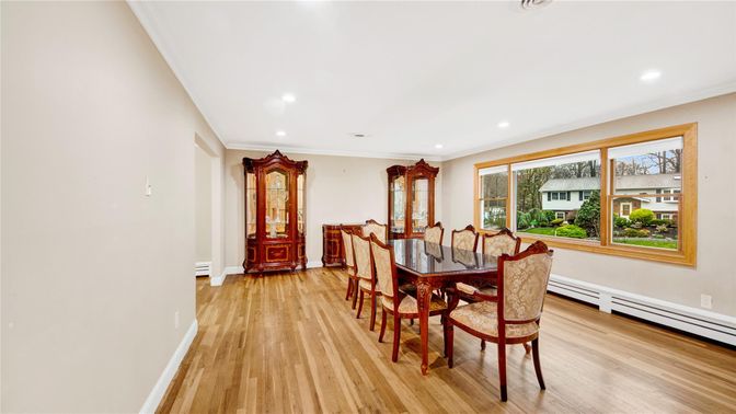 Dining room, Interior, Recessed Lighting, Wood Texture Flooring