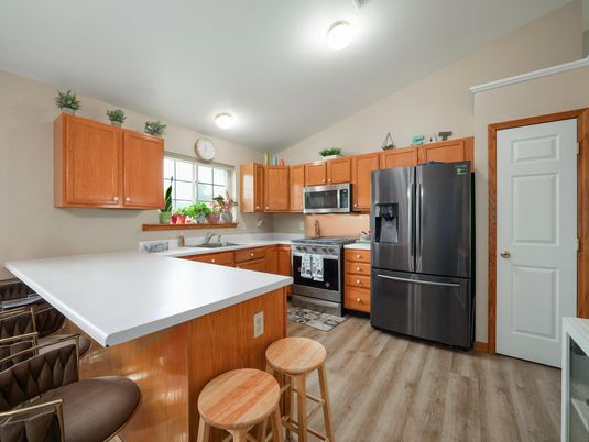 Interior, Kitchen, Stainless Steel Appliances, Wood Texture Flooring