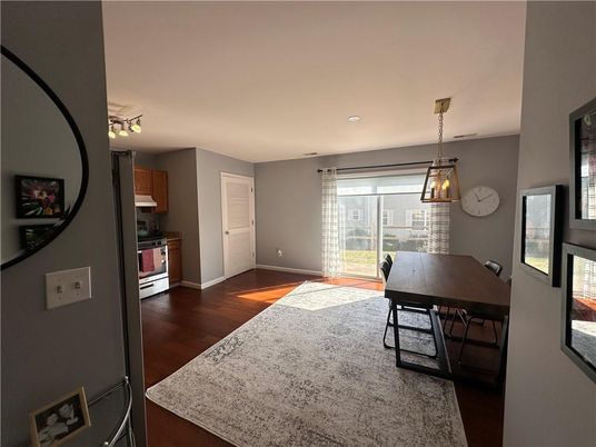 Dining room, Interior, Pendant Lights, Recessed Lighting, Wood Texture Flooring