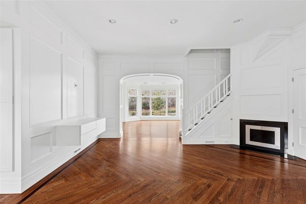 Empty room, Fireplace, Interior, Recessed Lighting, Wood Texture Flooring
