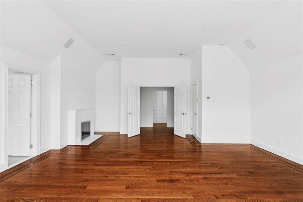 Empty room, Fireplace, Interior, Recessed Lighting, Wood Texture Flooring