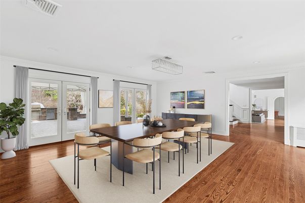 Dining room, Interior, Recessed Lighting, Wood Texture Flooring