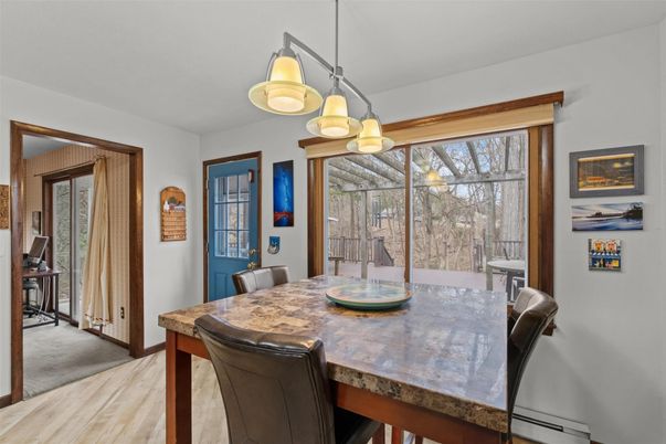 Dining room, Interior, Pendant Lights, Sun Room, Wood Texture Flooring