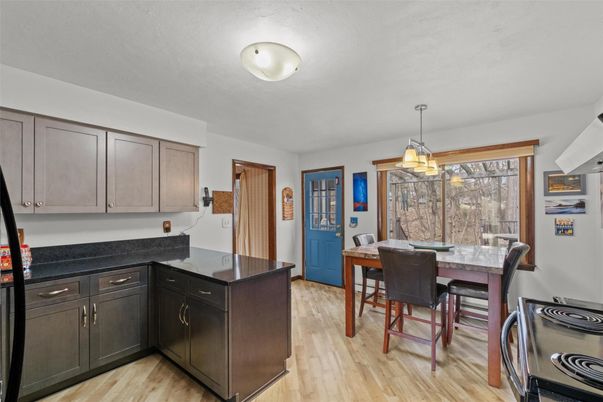 Dining room, Interior, Pendant Lights, Wood Texture Flooring