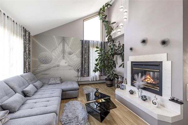 Fireplace, Interior, Living room, Pendant Lights, Wood Texture Flooring
