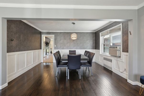 Dining room, Interior, Pendant Lights, Wood Texture Flooring