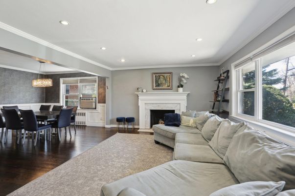 Dining room, Fireplace, Interior, Living room, Pendant Lights, Recessed Lighting, Wood Texture Flooring