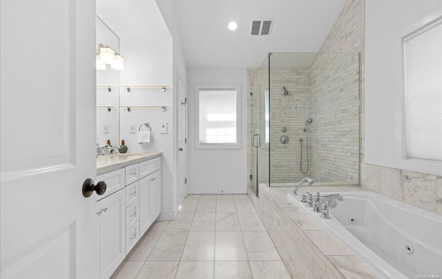 Bathroom, Dual Sink Vanities, Glass Shower, Interior, Marble, Recessed Lighting