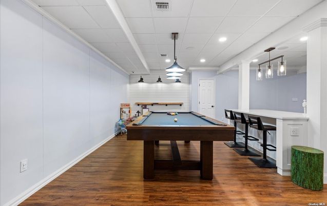 Billiard Table, Game Room, Interior, Pendant Lights, Recessed Lighting, Wood Texture Flooring