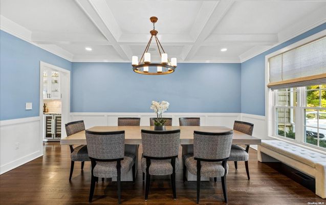 Chandelier, Dining room, Interior, Pendant Lights, Recessed Lighting, Wood Texture Flooring