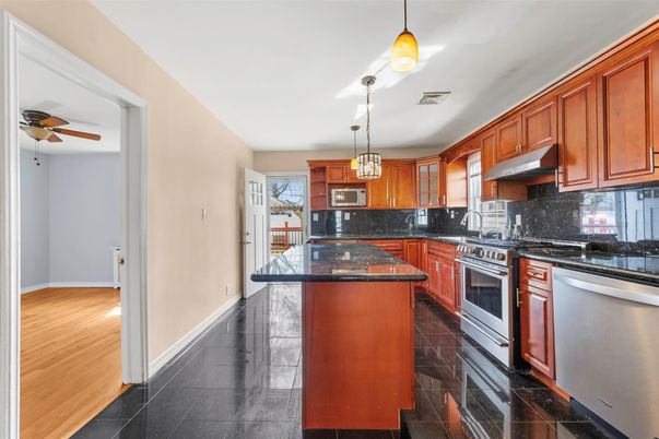 Interior, Kitchen, Pendant Lights, Stainless Steel Appliances, Wood Texture Flooring