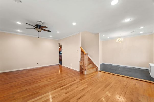 Chandelier, Empty room, Interior, Recessed Lighting, Wood Texture Flooring