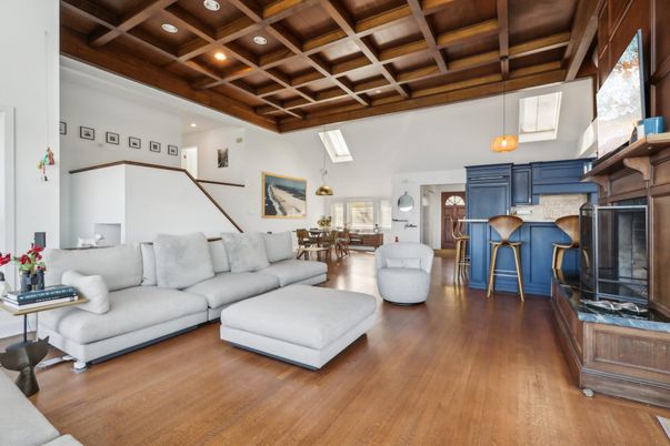 Dining room, Interior, Living room, Pendant Lights, Piano, Recessed Lighting, Wooden Beams, Wooden Ceilings, Wood Texture Flooring