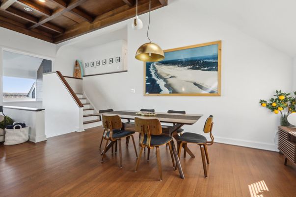 Dining room, Interior, Pendant Lights, Recessed Lighting, Wooden Beams, Wooden Ceilings, Wood Texture Flooring