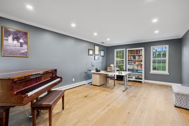 Home Office, Interior, Piano, Recessed Lighting, Wood Texture Flooring