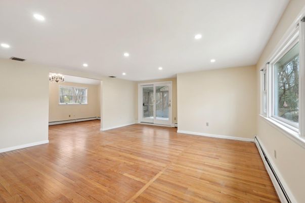 Chandelier, Empty room, Interior, Recessed Lighting, Wood Texture Flooring