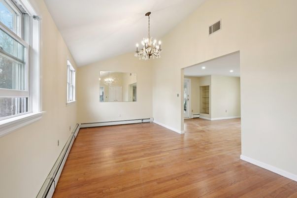 Chandelier, Empty room, Interior, Recessed Lighting, Wood Texture Flooring