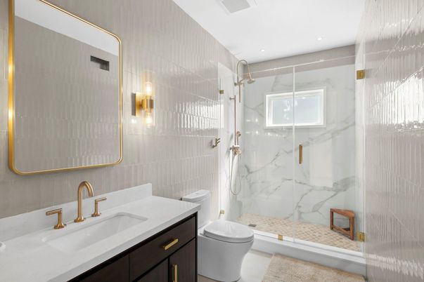 Bathroom, Glass Shower, Interior, Marble Walls, Recessed Lighting