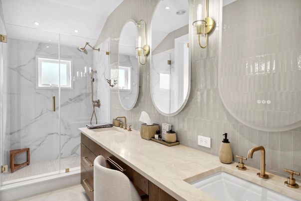 Bathroom, Dual Sink Vanities, Glass Shower, Interior, Marble Walls, Recessed Lighting