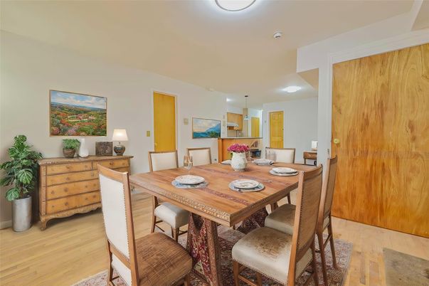 Dining room, Interior, Pendant Lights, Recessed Lighting, Wood Texture Flooring