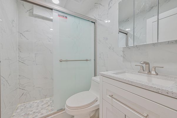 Bathroom, Glass Shower, Interior, Marble Walls, Recessed Lighting