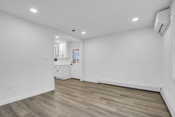 Empty room, Interior, Kitchen, Recessed Lighting, Wood Texture Flooring