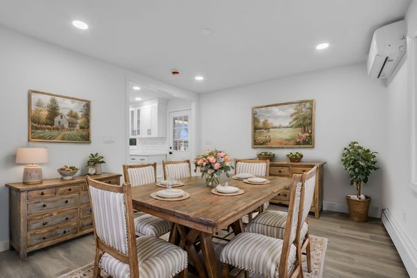Dining room, Interior, Recessed Lighting, Wood Texture Flooring