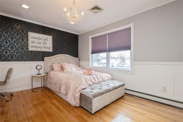 Bedroom, Chandelier, Interior, Recessed Lighting, Wood Texture Flooring