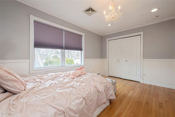 Bedroom, Chandelier, Interior, Recessed Lighting, Wood Texture Flooring