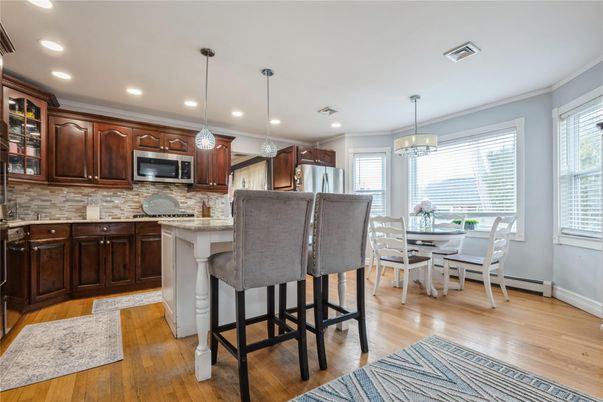 Dining room, Interior, Kitchen, Pendant Lights, Recessed Lighting, Wood Texture Flooring
