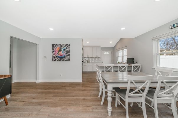 Dining room, Interior, Kitchen, Recessed Lighting, Wood Texture Flooring