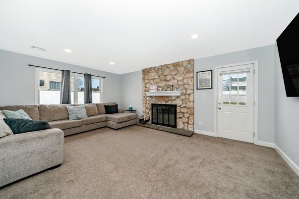 Fireplace, Interior, Living room, Recessed Lighting, Stone Walls
