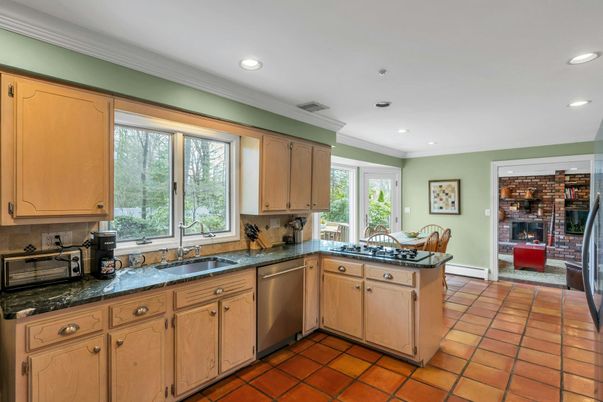 Fireplace, Interior, Kitchen, Recessed Lighting, Stainless Steel Appliances
