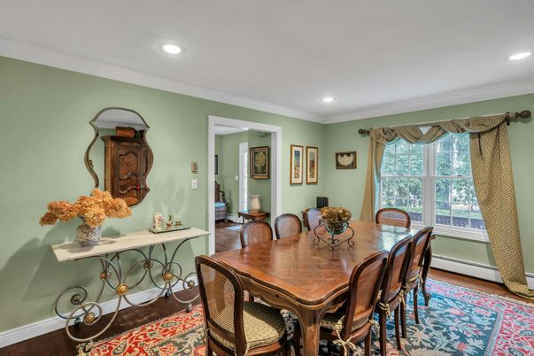 Dining room, Interior, Recessed Lighting, Wood Texture Flooring