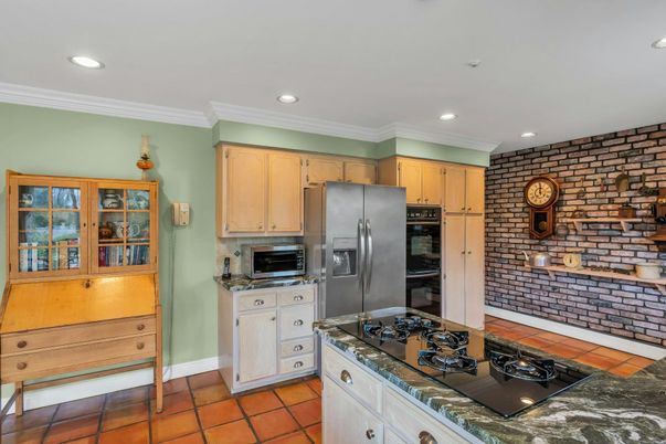 Interior, Kitchen, Recessed Lighting, Stainless Steel Appliances, Stone Walls