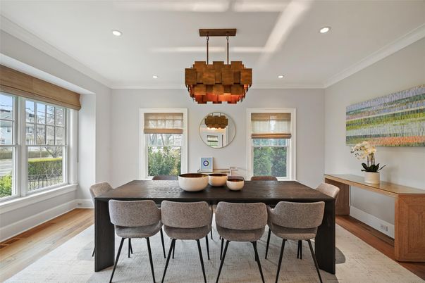Chandelier, Dining room, Interior, Recessed Lighting, Wood Texture Flooring