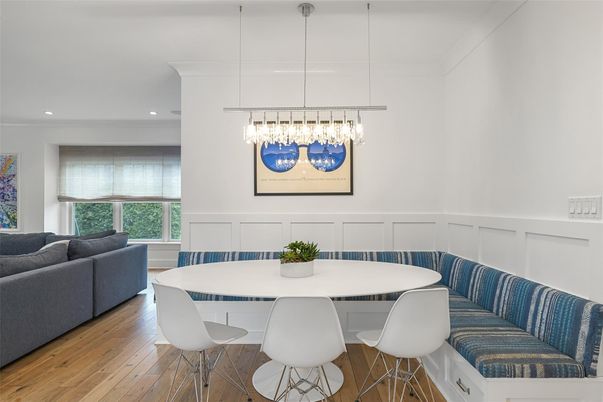 Dining room, Interior, Pendant Lights, Recessed Lighting, Wood Texture Flooring