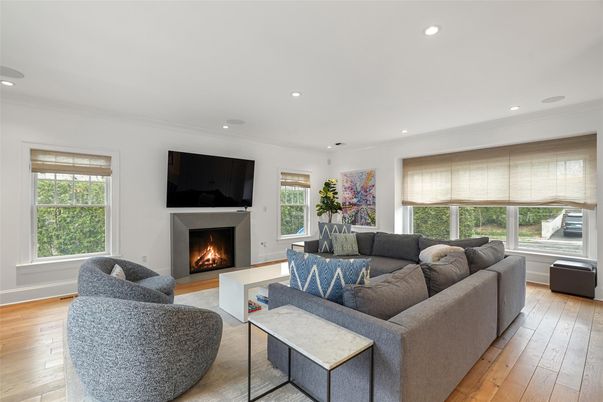 Fireplace, Interior, Living room, Recessed Lighting, Wood Texture Flooring