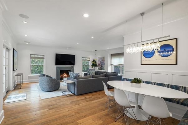 Dining room, Fireplace, Interior, Living room, Pendant Lights, Recessed Lighting, Wood Texture Flooring
