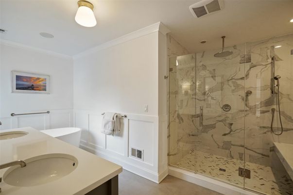 Bathroom, Glass Shower, Interior, Marble Walls, Recessed Lighting