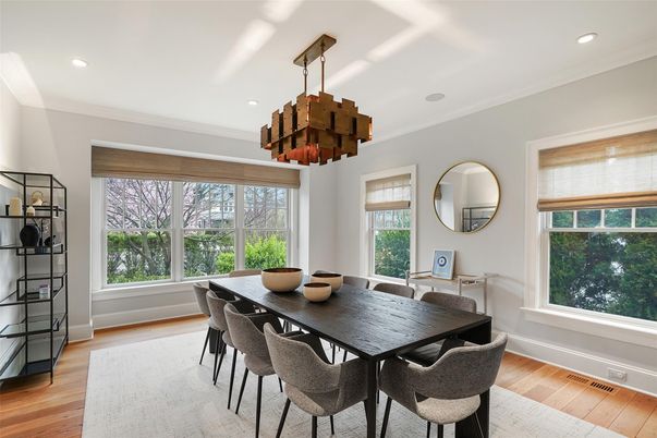 Chandelier, Dining room, Interior, Recessed Lighting, Wood Texture Flooring