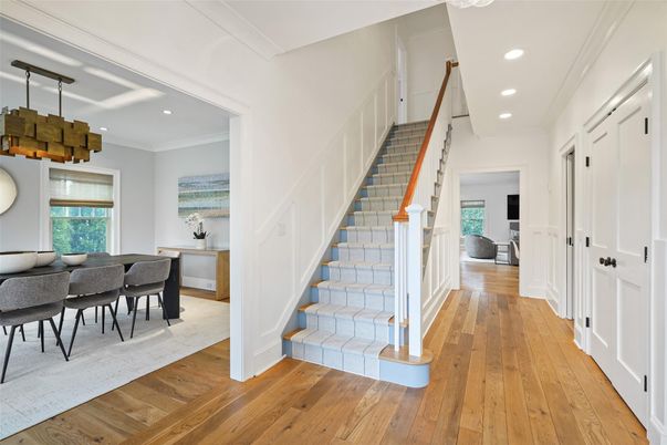Dining room, Interior, Pendant Lights, Recessed Lighting, Wood Texture Flooring