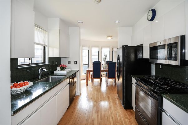 Dining room, Interior, Kitchen, Recessed Lighting, Stainless Steel Appliances, Wood Texture Flooring