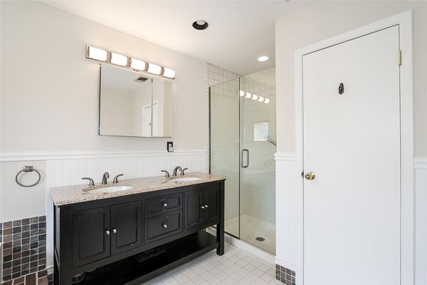 Bathroom, Dual Sink Vanities, Glass Shower, Interior, Recessed Lighting