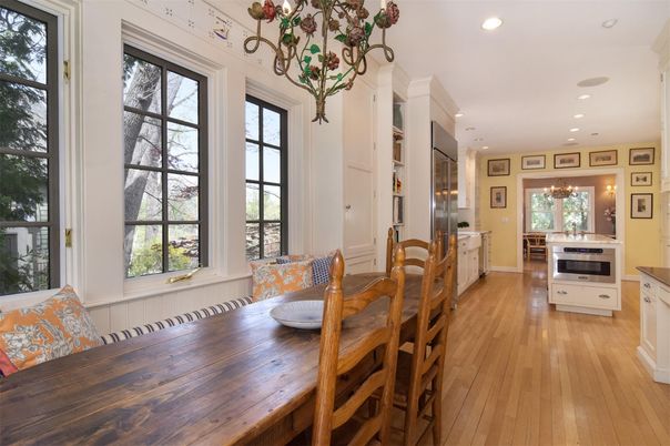 Chandelier, Dining room, Interior, Kitchen, Recessed Lighting, Stainless Steel Appliances, Wood Texture Flooring