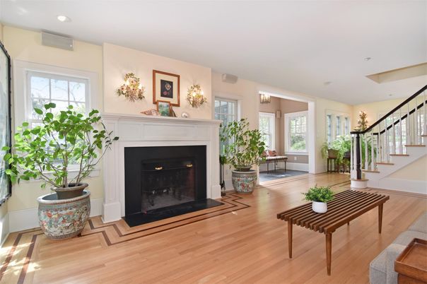 Fireplace, Interior, Recessed Lighting, Wood Texture Flooring