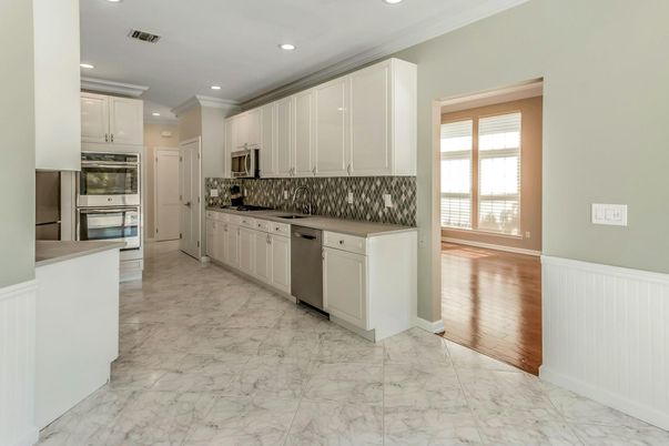 Interior, Kitchen, Marble, Recessed Lighting, Stainless Steel Appliances, Wood Texture Flooring