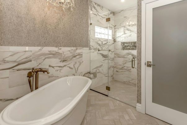 Bathroom, Free Standing Baths, Glass Shower, Interior, Marble Walls, Recessed Lighting