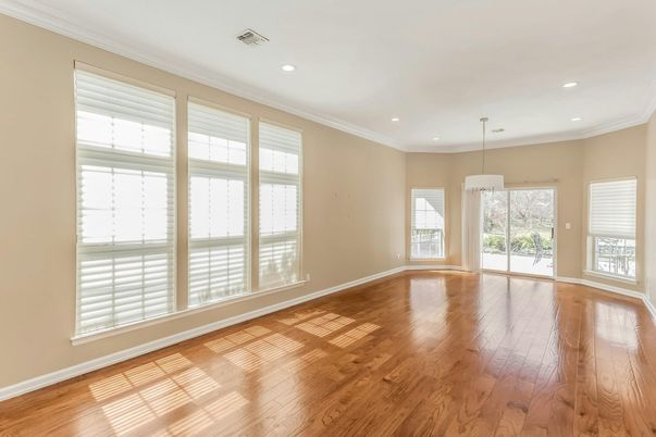 Empty room, Interior, Pendant Lights, Recessed Lighting, Wood Texture Flooring