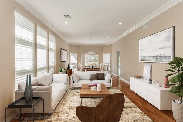 Dining room, Interior, Living room, Pendant Lights, Recessed Lighting, Wood Texture Flooring